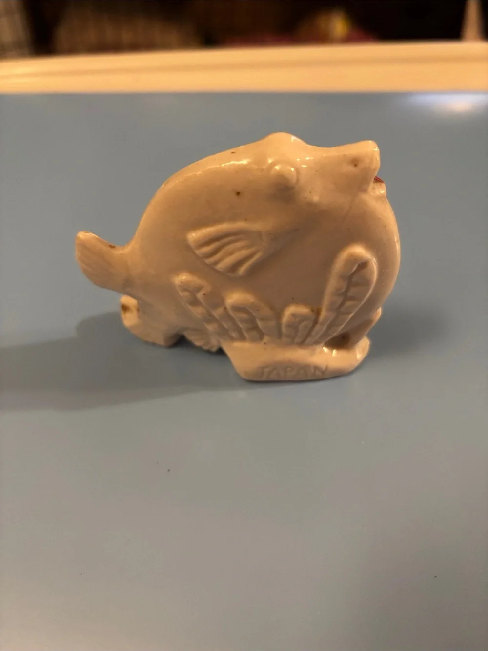 VINTAGE,Ceramic Puffer Fish Figurine - White with Green Accent